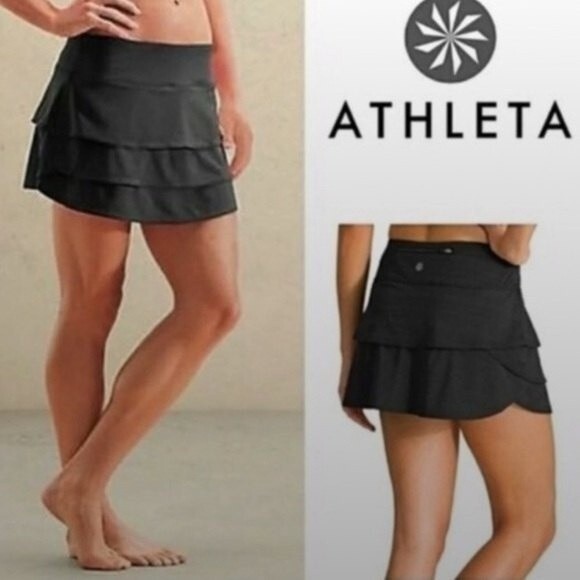 Athleta Swagger Tennis Skirt Skort Black with Blue Floral Print Tiered Ruffle - Picture 2 of 15